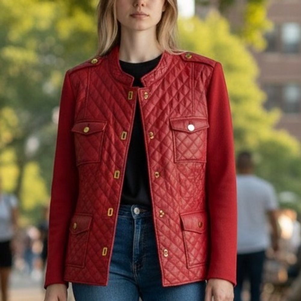 Peter Nygard Jacket Womens XL Red Quilted Leather Knit Vintage Gold Button Coat